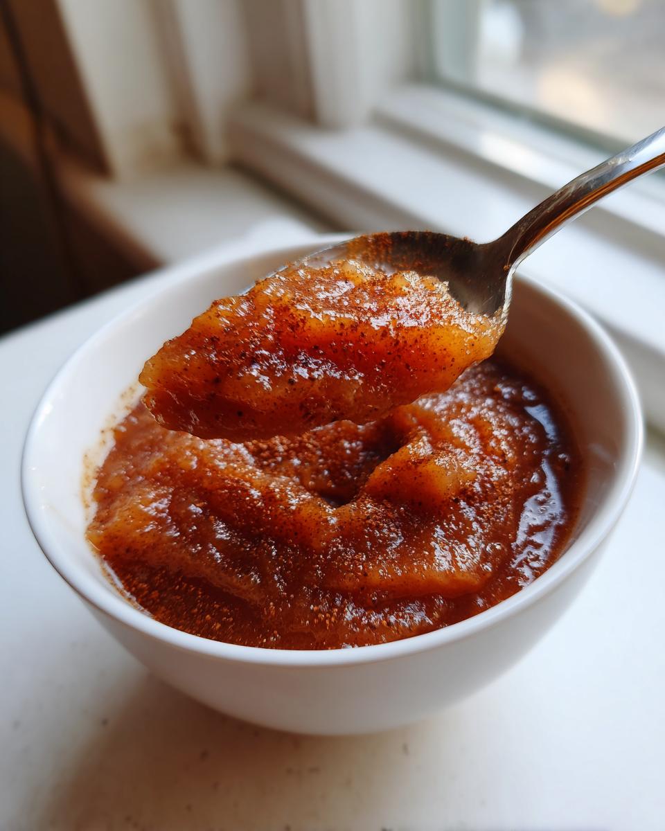 A spoonful of rich, dark cinnamon applesauce being lifted from a white bowl.
