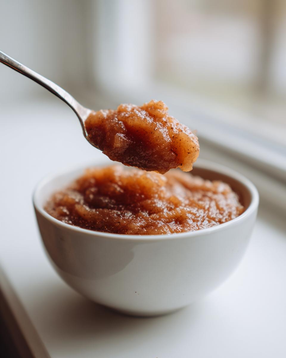 A spoonful of chunky, spiced applesauce being lifted from a white bowl.