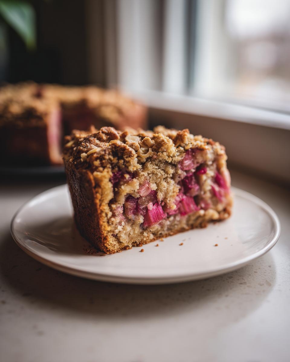 Close-up of a slice of spring rhubarb cake with almond topping showing bright pink rhubarb filling.