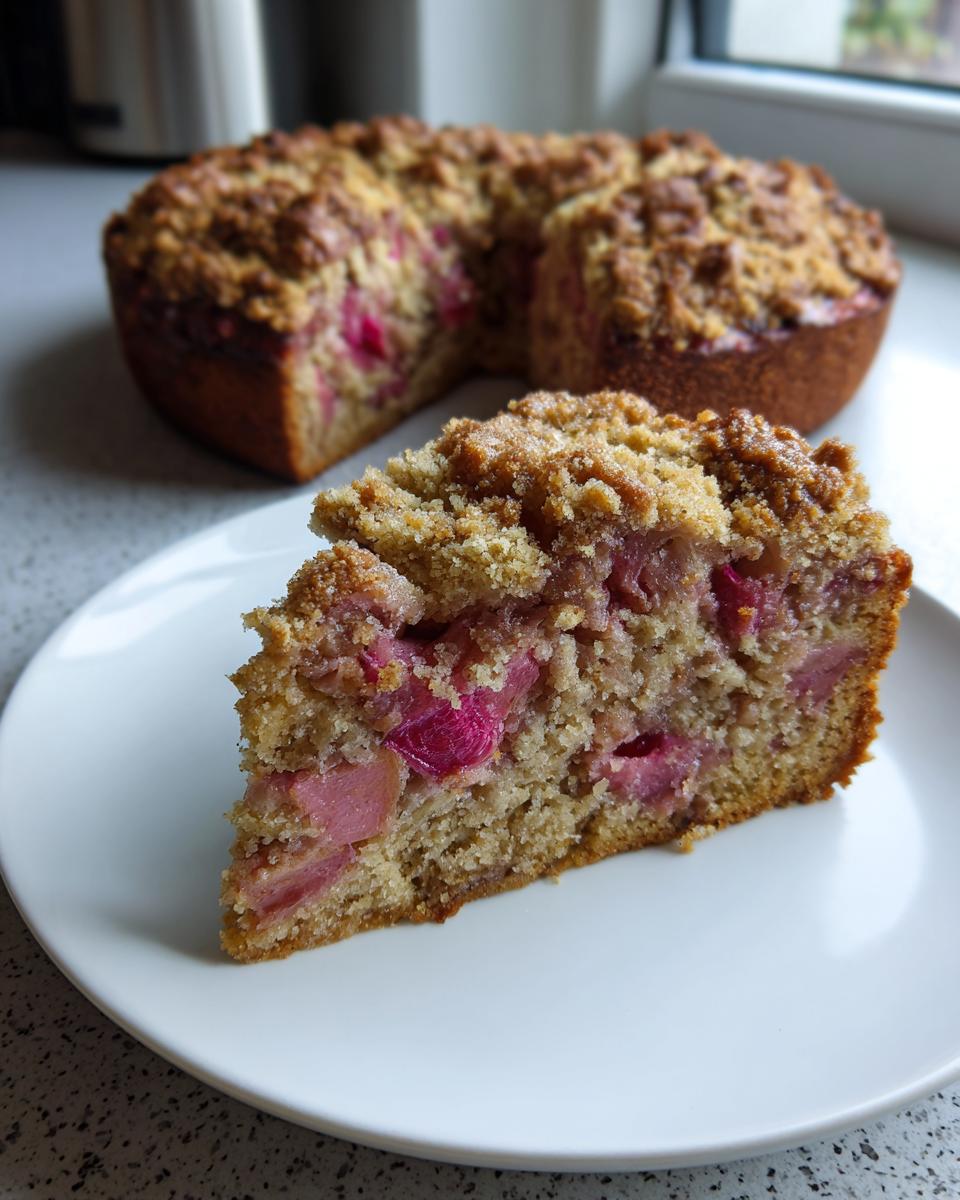 A close-up slice of spring rhubarb cake with almond topping served on a white plate, with the rest of the cake blurred in the background.