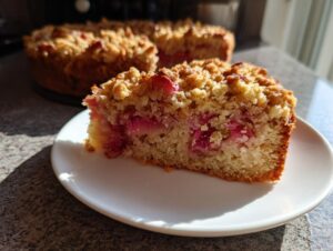 A close-up slice of moist spring rhubarb cake with a crunchy almond topping, served on a white plate.