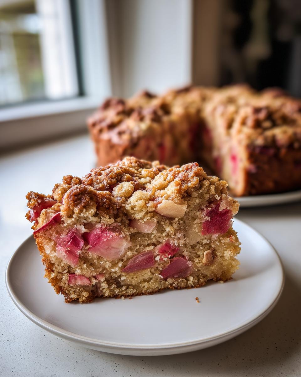 A close-up slice of spring rhubarb cake with almond topping showing chunks of pink rhubarb in the moist crumb.