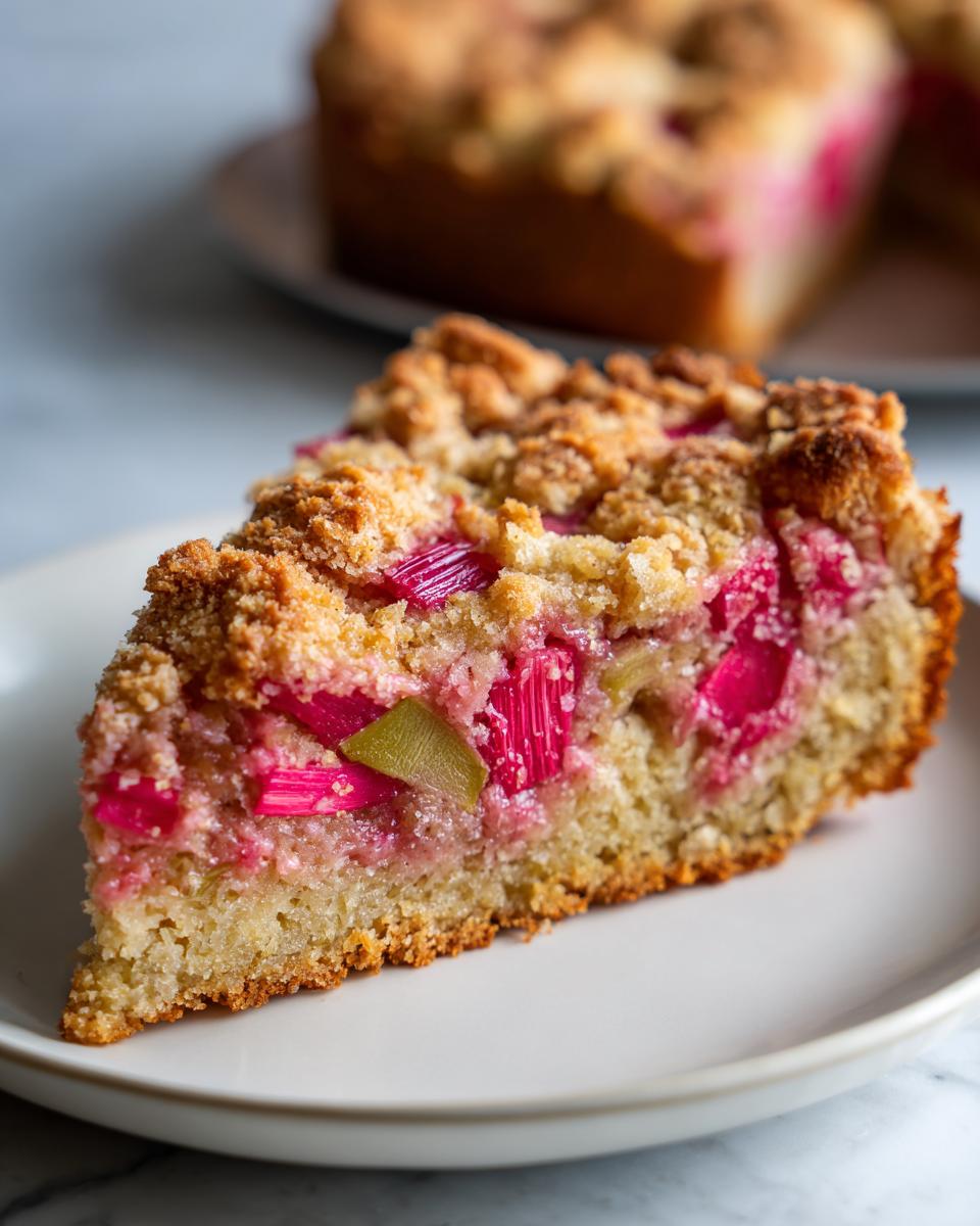 Close-up of a slice of spring rhubarb cake with almond topping showing bright pink rhubarb pieces.