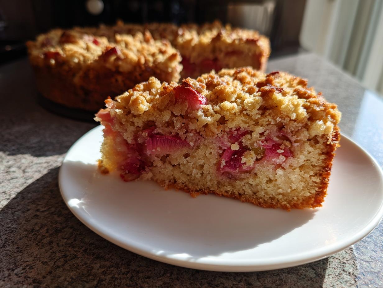 A close-up slice of moist spring rhubarb cake with a crunchy almond topping, served on a white plate.
