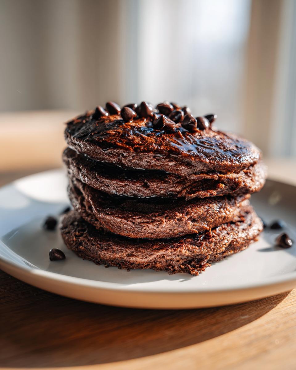 A tall stack of four dark, rich chocolate oat pancakes topped with melted chocolate syrup and chocolate chips.