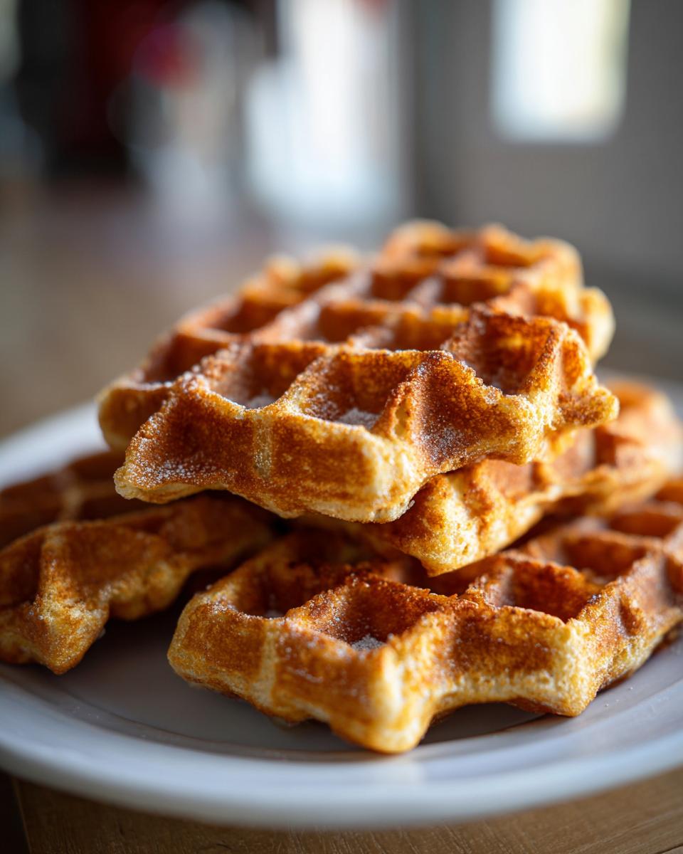 A close-up stack of golden brown, freshly made best belgian waffles dusted lightly with powdered sugar.