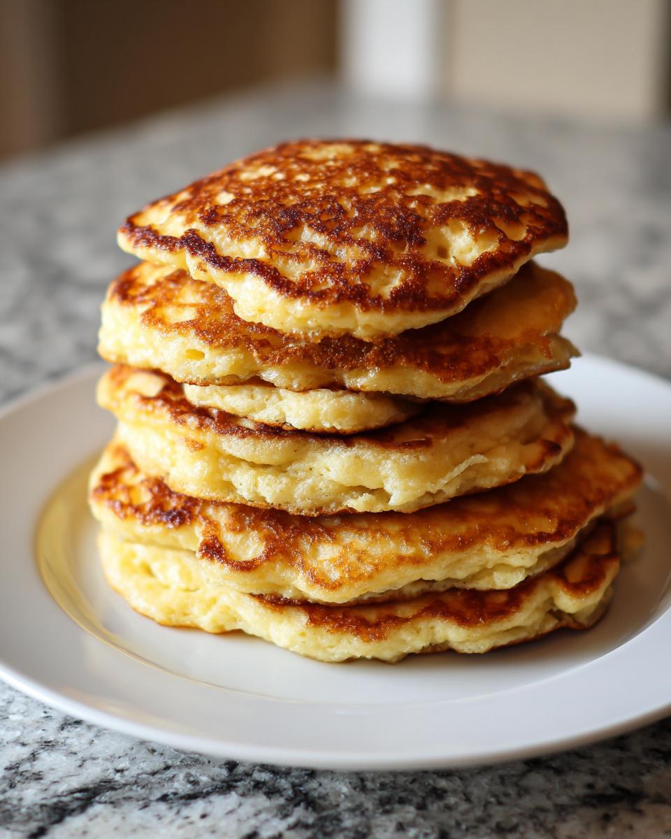 A tall stack of five perfectly cooked, golden-brown buttermilk pancakes served on a white plate.