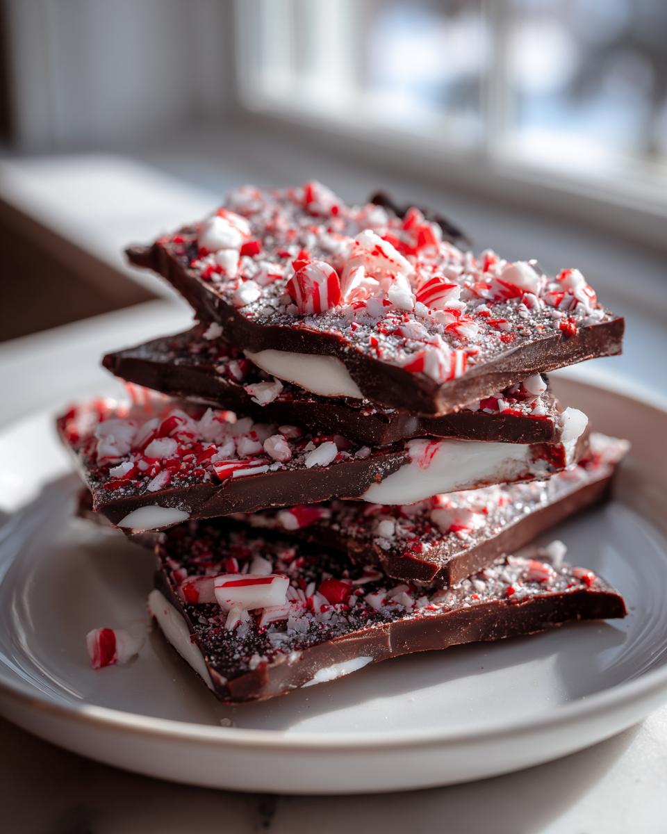 A stack of dark chocolate peppermint bark pieces topped with crushed candy canes, sitting on a white plate.