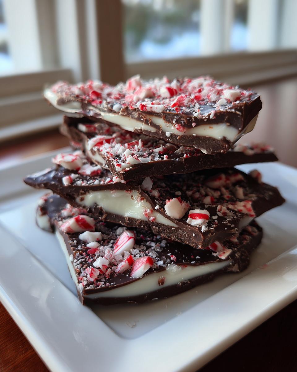 A stack of dark chocolate and white chocolate peppermint bark pieces topped with crushed candy canes.
