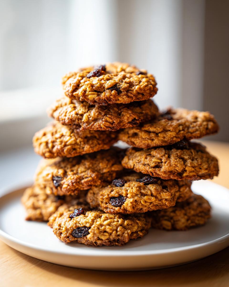 A tall stack of freshly baked, soft oatmeal raisin cookies piled high on a white plate.