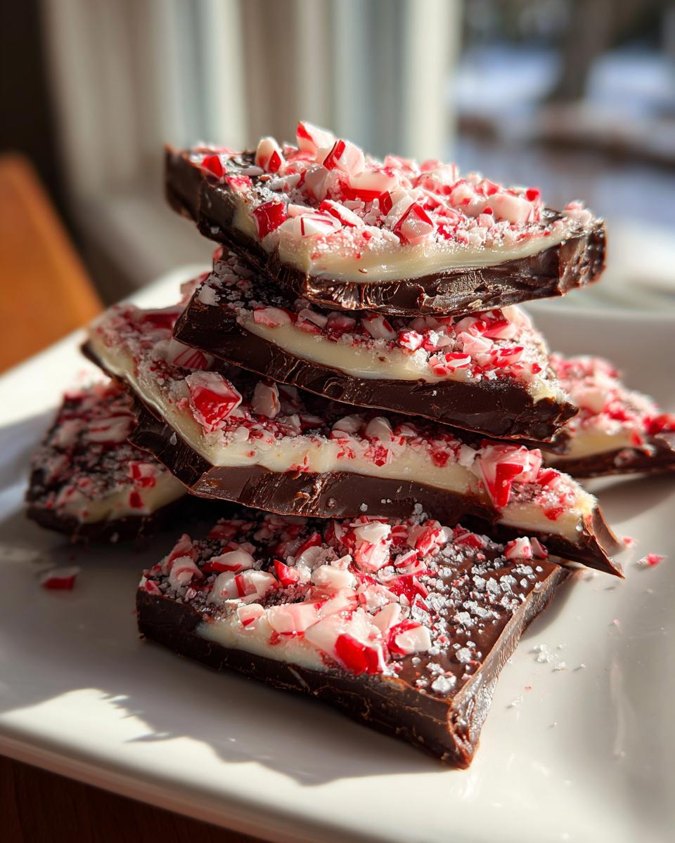 A stack of rich, layered peppermint bark pieces topped with crushed candy canes, ready to eat.