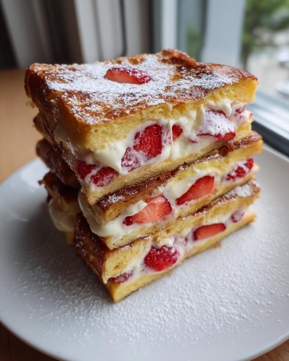 A tall stack of strawberry cream cheese french toast bake slices dusted with powdered sugar.