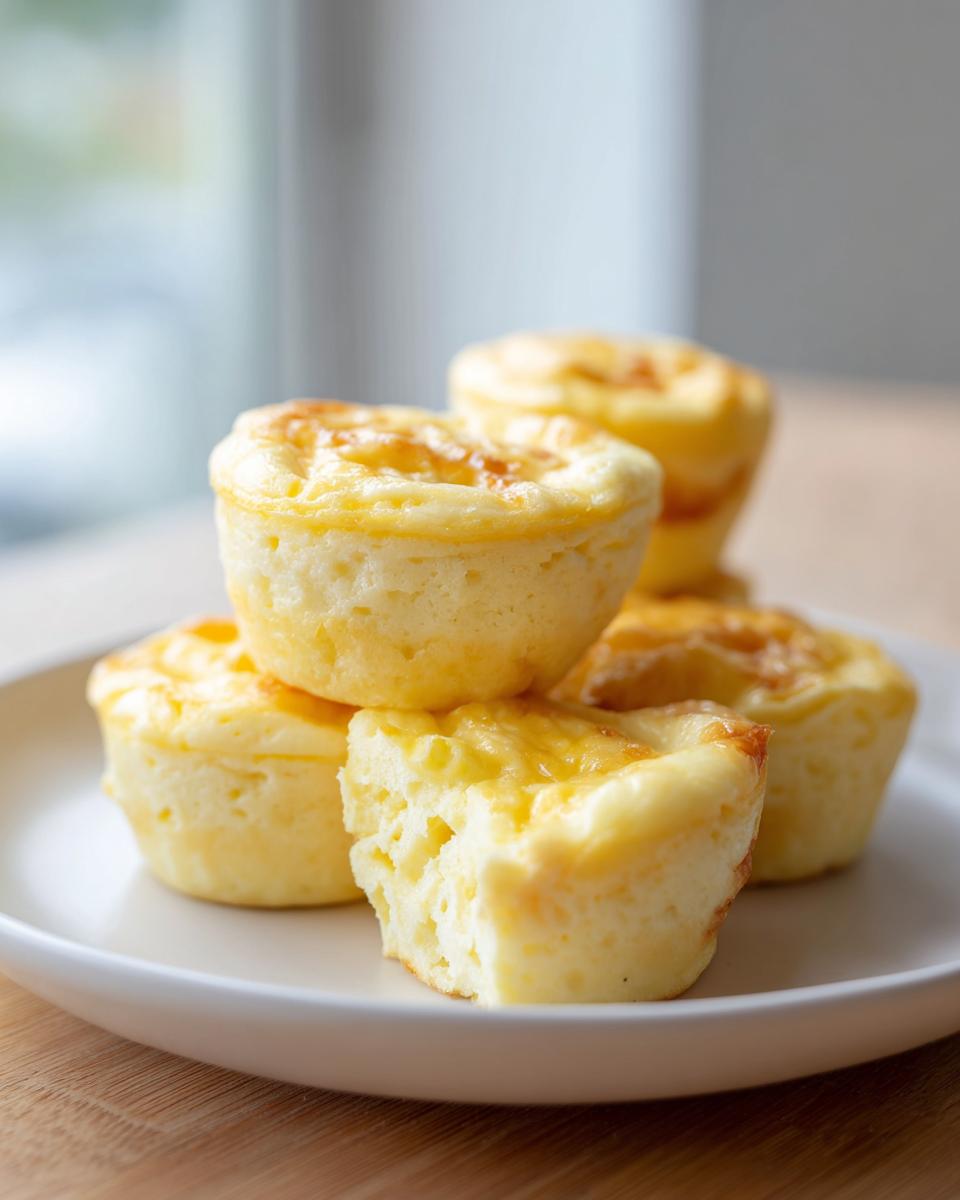 A stack of fluffy, homemade starbucks egg bites on a white plate with a bite taken out of one.
