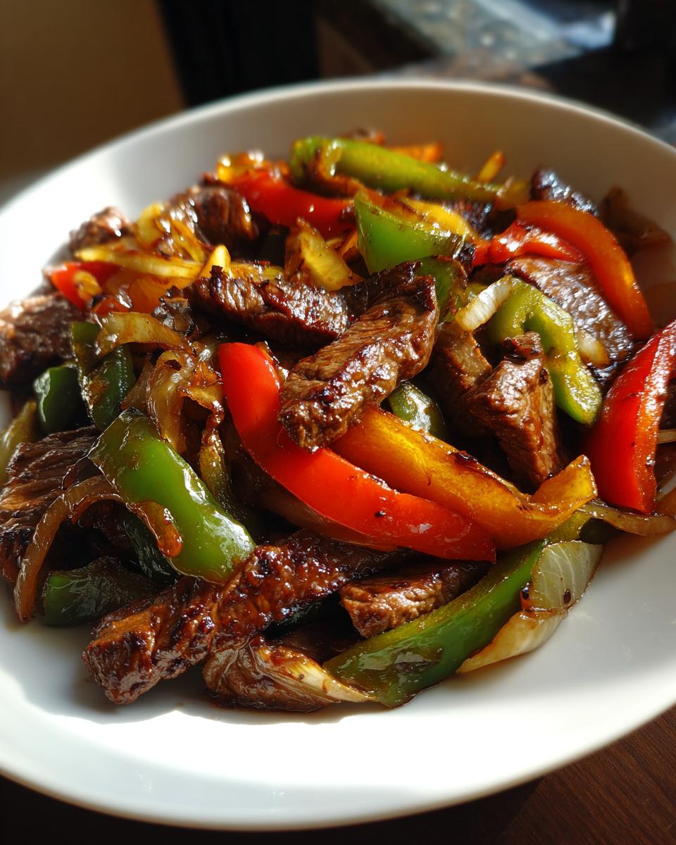 Close-up of seasoned, seared beef strips mixed with vibrant red, green, and yellow bell peppers and onions, ready to serve as steak fajita.
