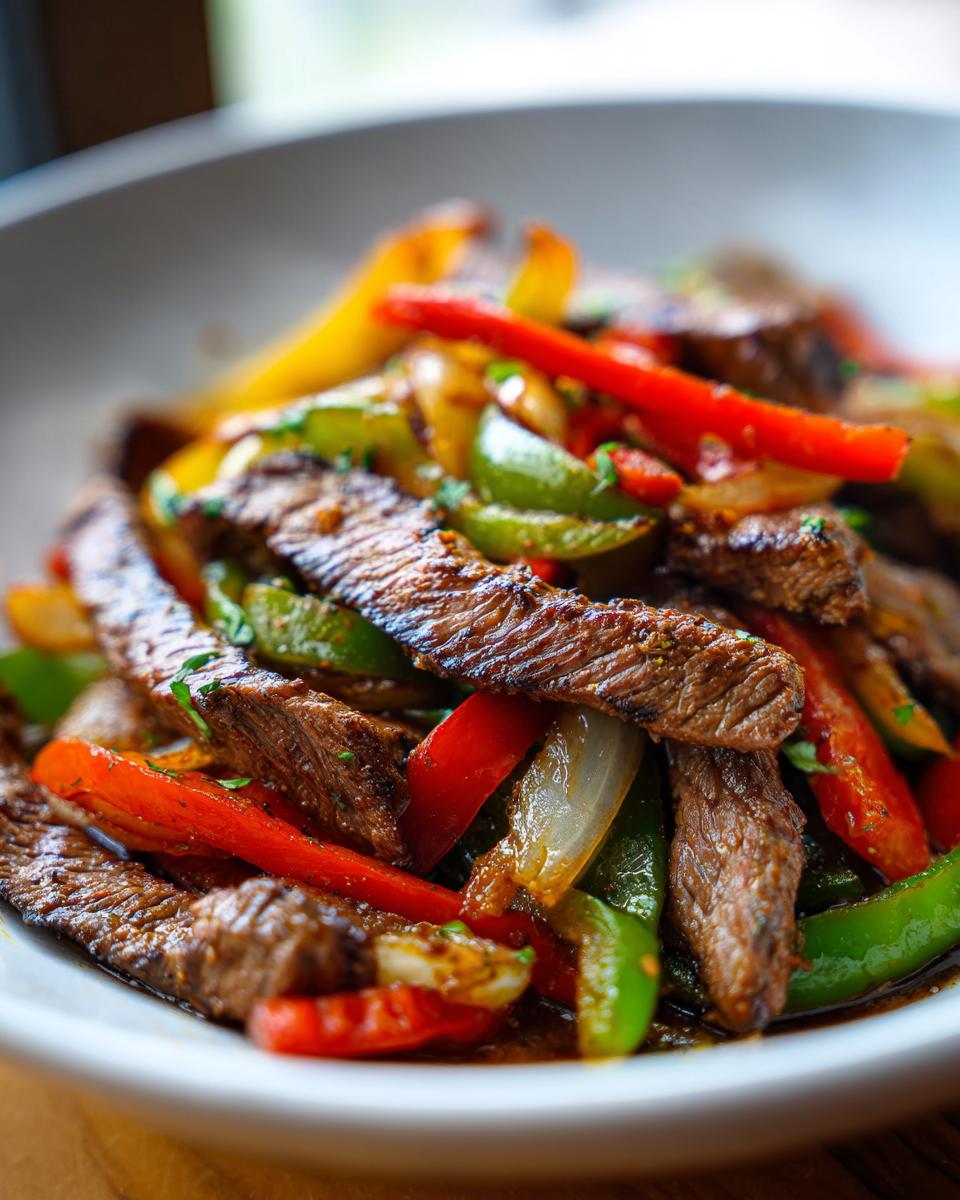 Close-up of perfectly cooked steak fajita strips mixed with vibrant sautéed red, green, and yellow bell peppers and onions.