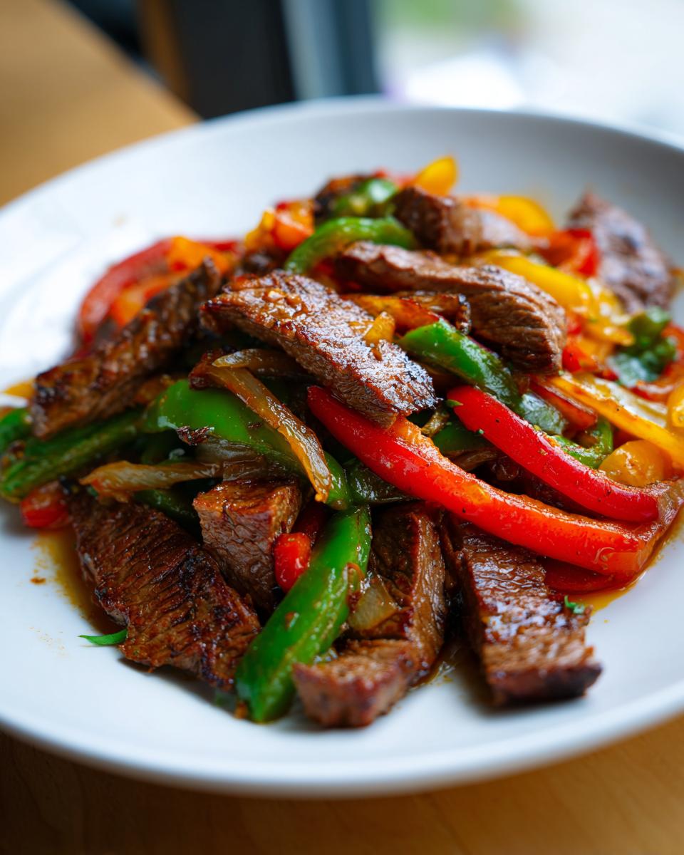 Close-up of sizzling steak fajita strips mixed with bright red, green, and yellow bell peppers on a white plate.