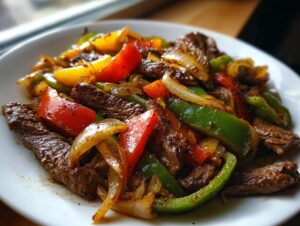 A close-up, featured image of perfectly cooked steak fajita strips mixed with sautéed green, red, and yellow bell peppers and onions on a white plate.