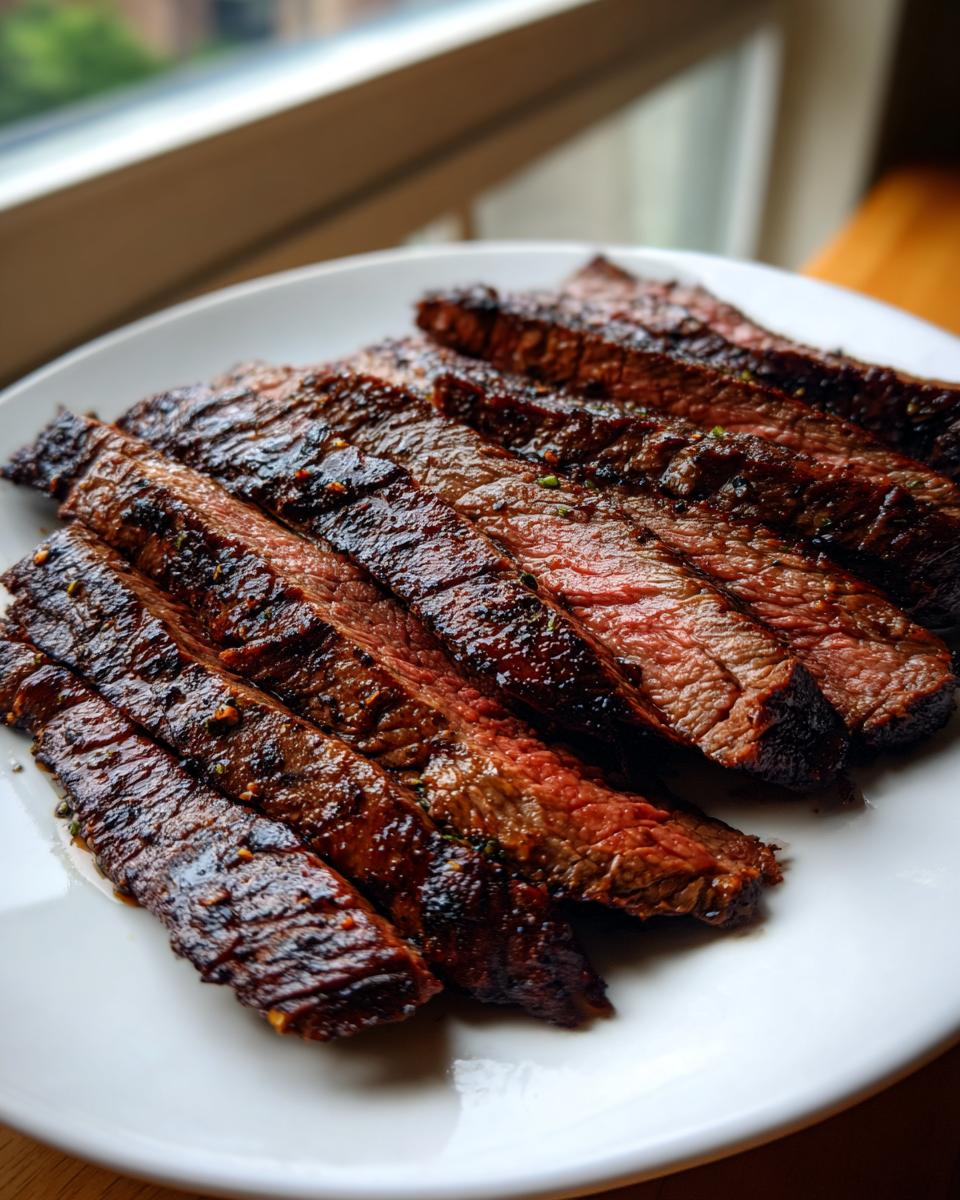 Close-up of medium-rare steak slices resting on a white plate, showing the rich color achieved with the fajita marinade.
