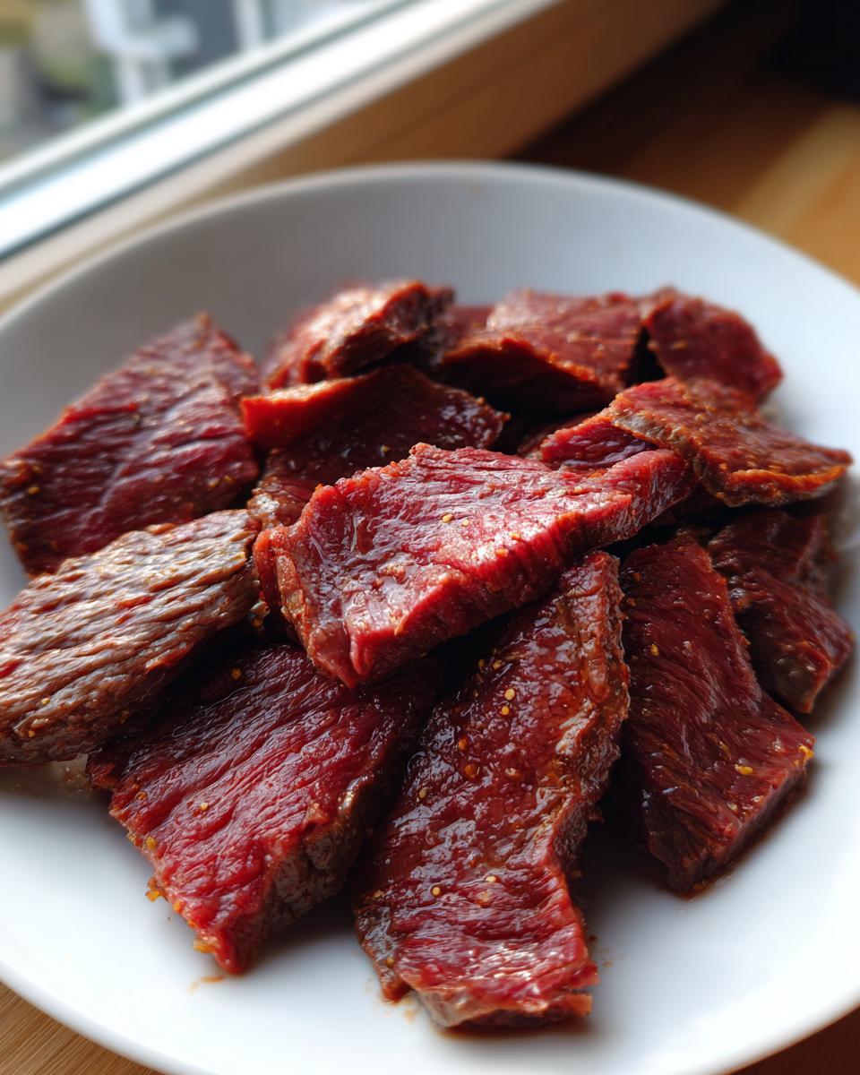 Close-up of raw, thinly sliced steak coated in a rich, dark fajita marinade, ready for cooking.