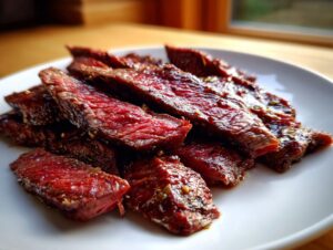 Close-up of medium-rare steak slices coated in a rich fajita marinade, resting on a white plate.
