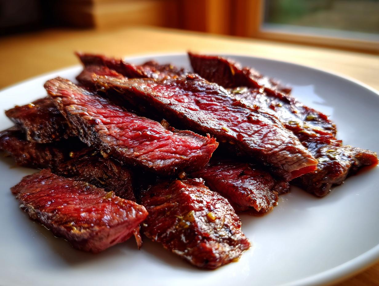 Close-up of medium-rare steak slices coated in a rich fajita marinade, resting on a white plate.
