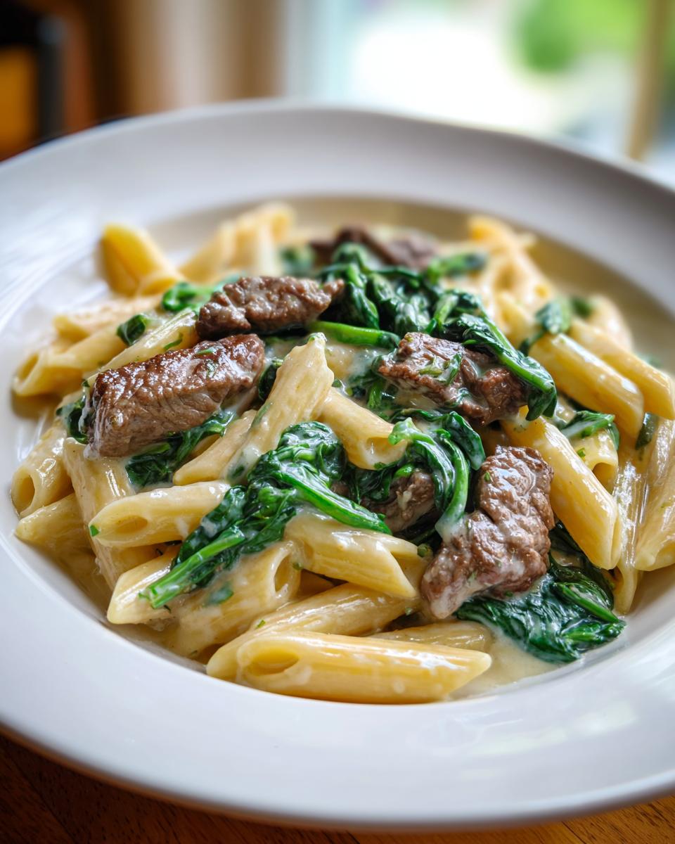 A close-up of a white bowl filled with steak spinach alfredo penne skillet, featuring penne pasta coated in creamy sauce, topped with chunks of steak and wilted spinach.