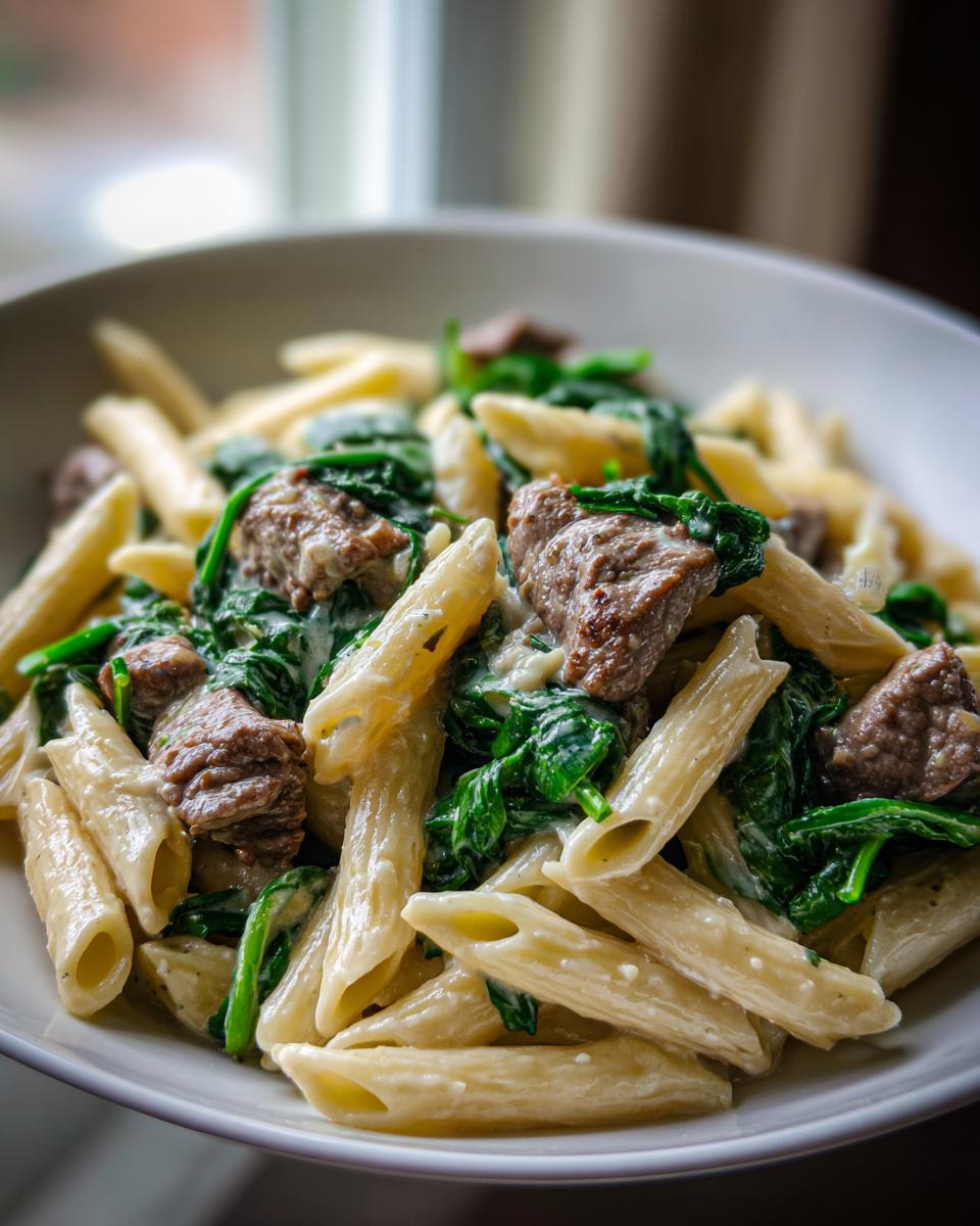 A close-up of a white bowl filled with steak spinach alfredo penne skillet, featuring penne pasta, chunks of steak, and wilted spinach in a creamy sauce.