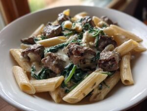 A close-up photo of steak spinach alfredo penne skillet served in a white bowl, featuring penne pasta, chunks of steak, and wilted spinach in a creamy sauce.
