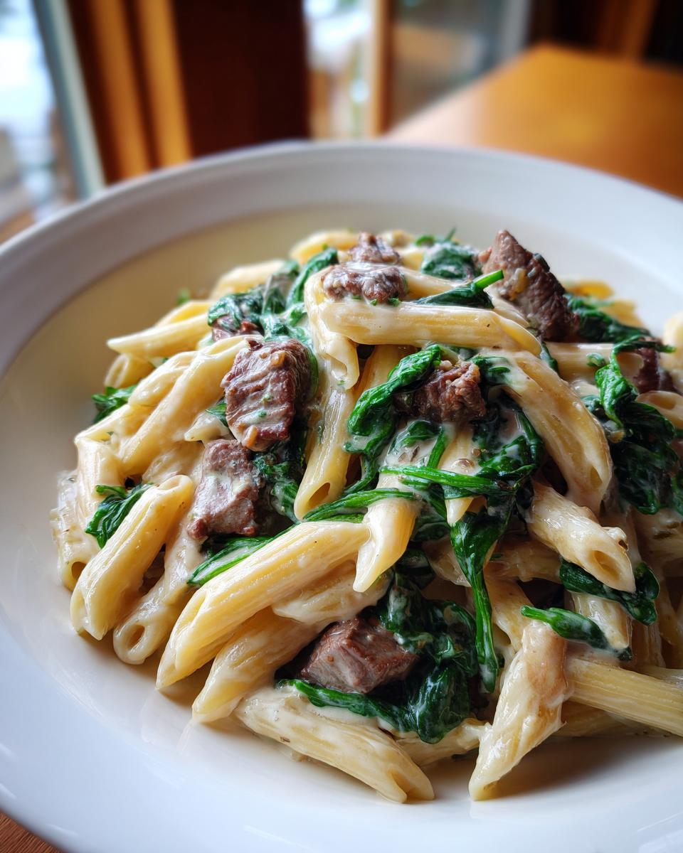 A close-up view of a serving of steak spinach alfredo penne skillet, featuring penne pasta coated in creamy sauce with chunks of steak and wilted spinach.