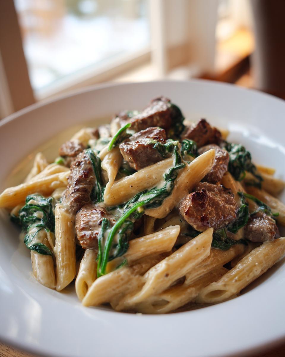 Close-up of steak spinach alfredo penne skillet pasta coated in creamy sauce in a white bowl.