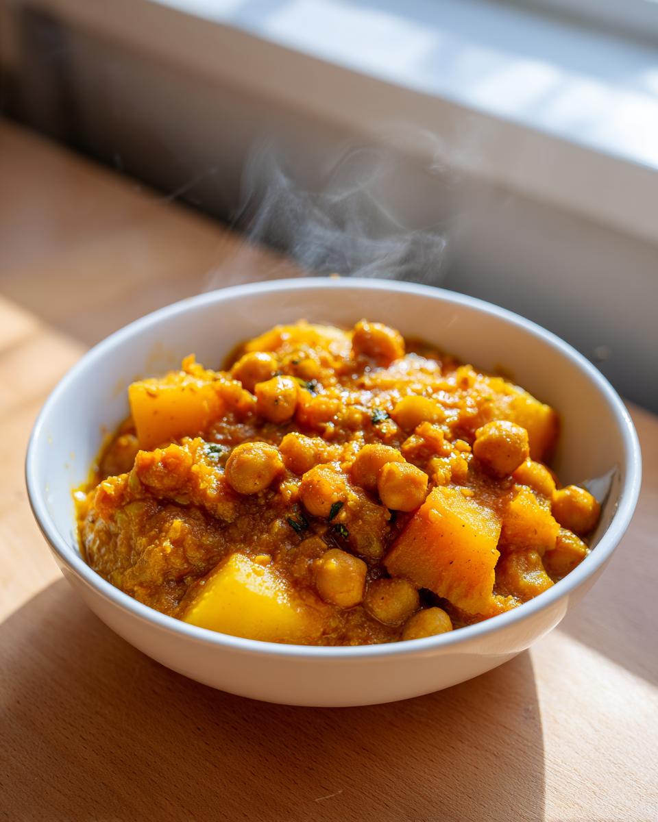 Close-up of a steaming white bowl filled with vibrant yellow chickpea and potato curry on a wooden surface.