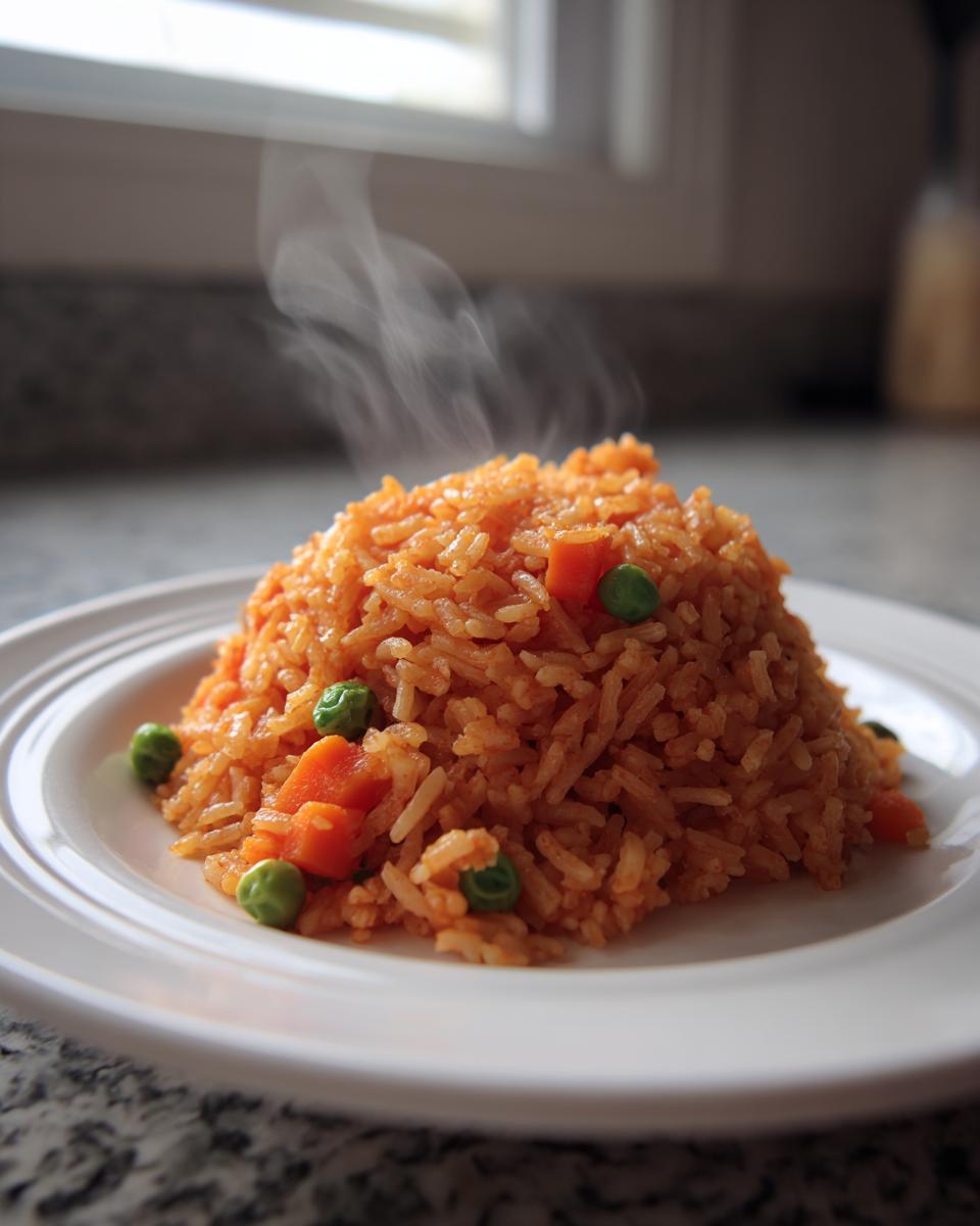 A mound of freshly cooked, steaming homemade Mexican rice mixed with bright green peas and orange carrots on a white plate.