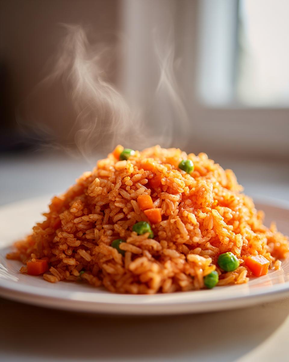 A mound of freshly cooked, steaming homemade Mexican rice mixed with carrots and peas served on a white plate.