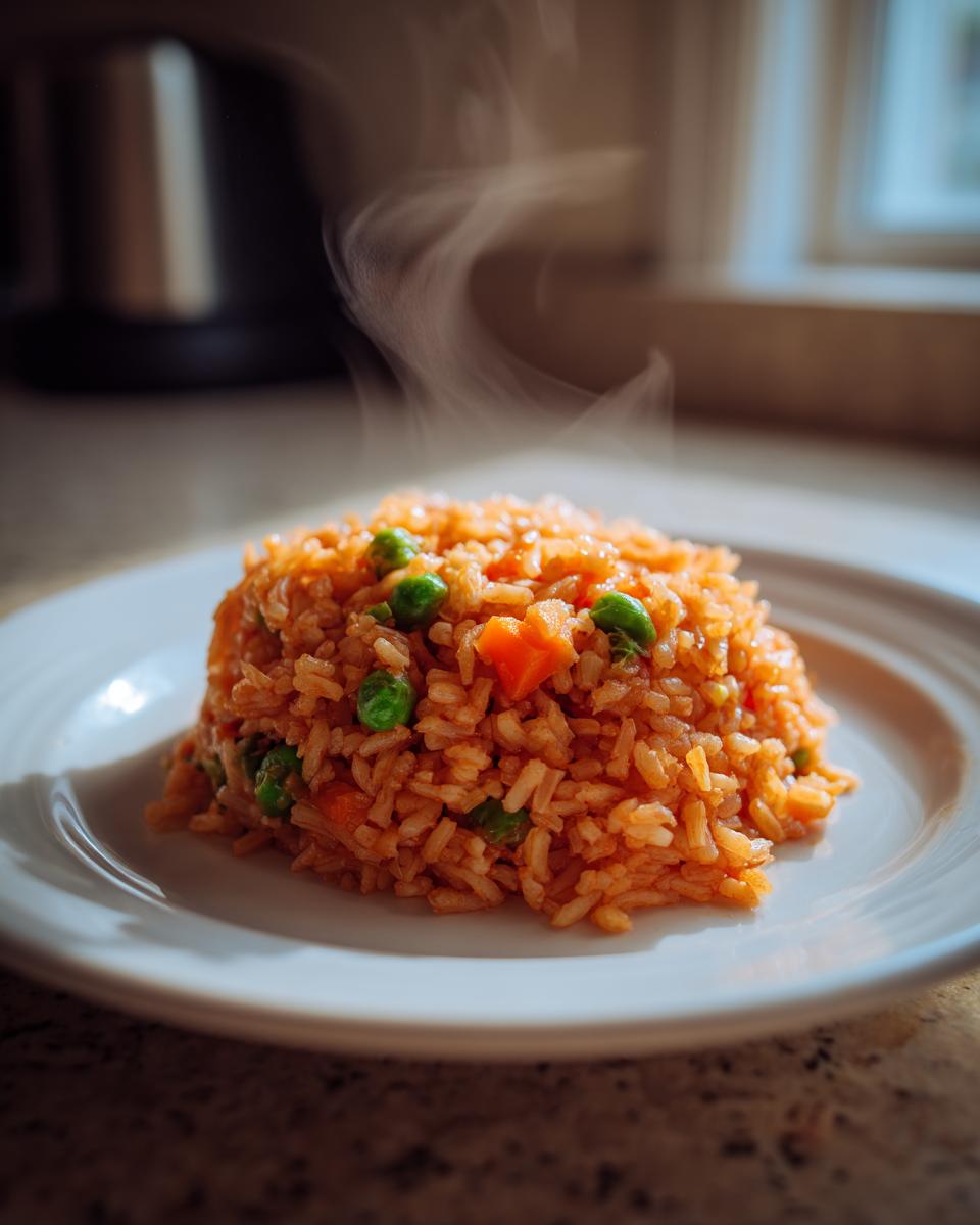 A mound of freshly cooked, steaming homemade Mexican rice with visible peas and carrots on a white plate.