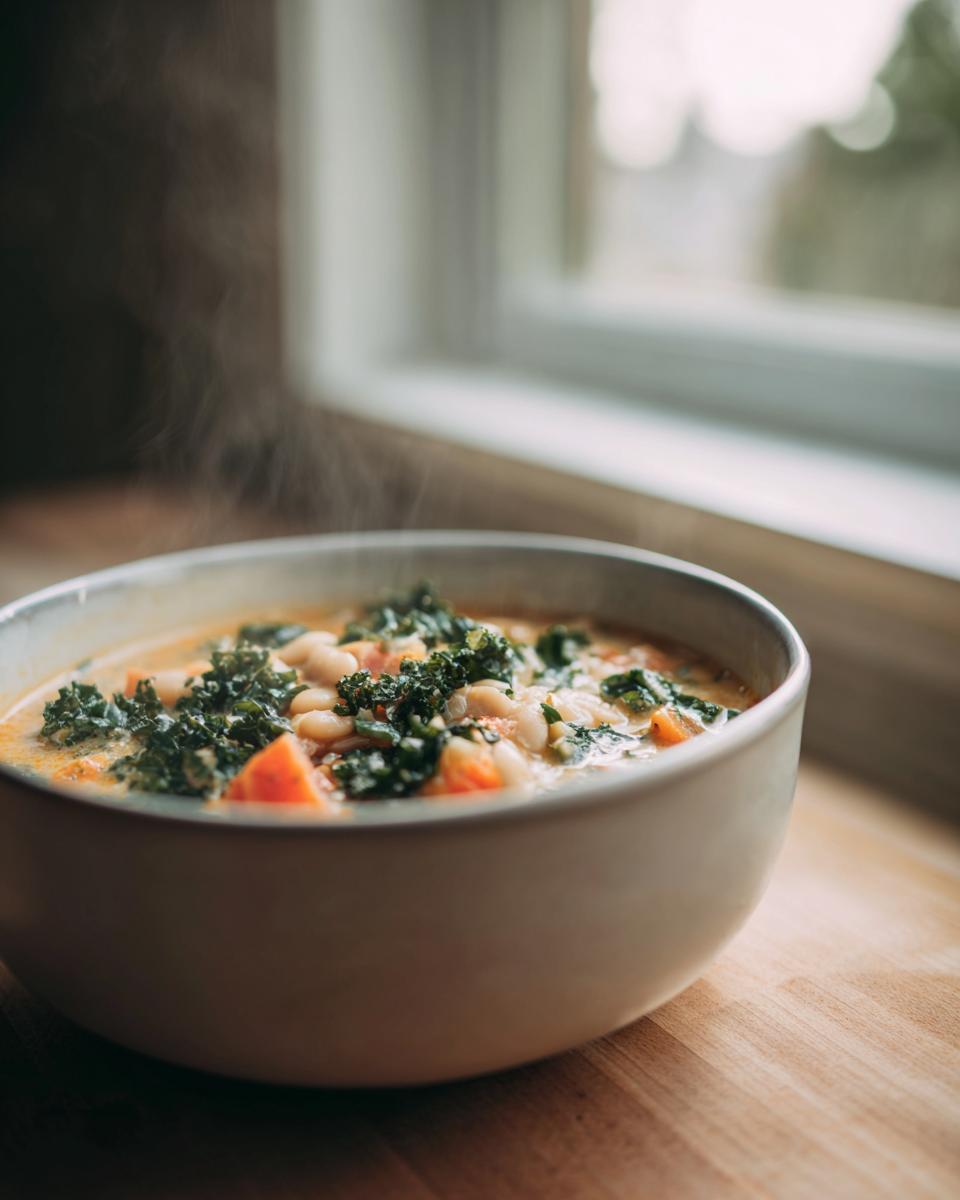 A close-up of a steaming bowl of Tuscan white bean soup, featuring white beans, kale, and carrots on a wooden surface.