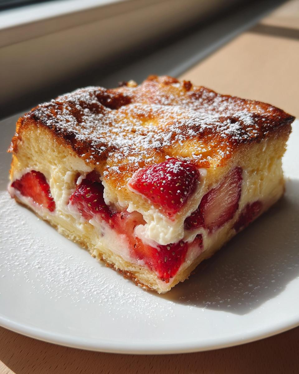 A square slice of strawberry cream cheese french toast bake dusted with powdered sugar on a white plate.