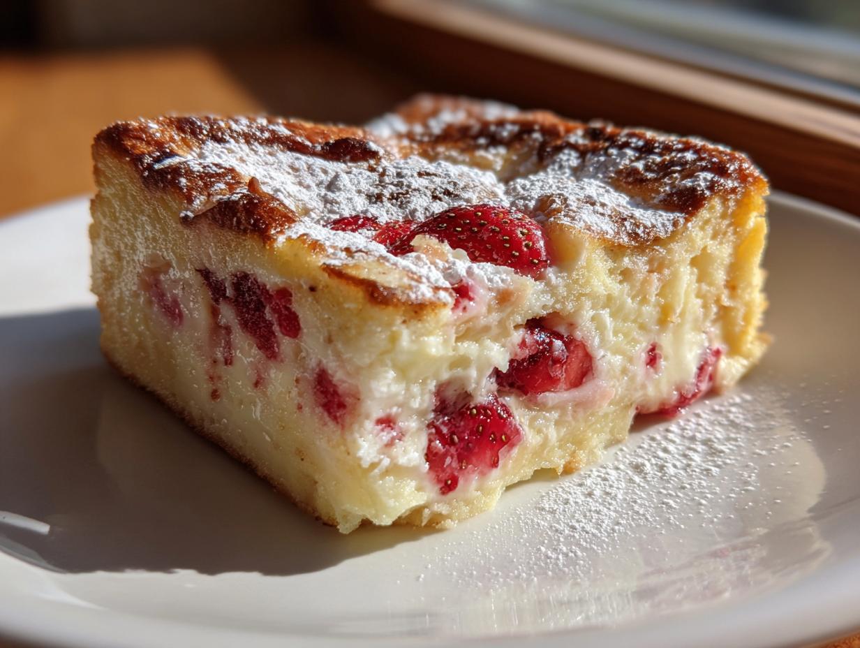 A golden slice of strawberry cream cheese french toast bake topped with powdered sugar.