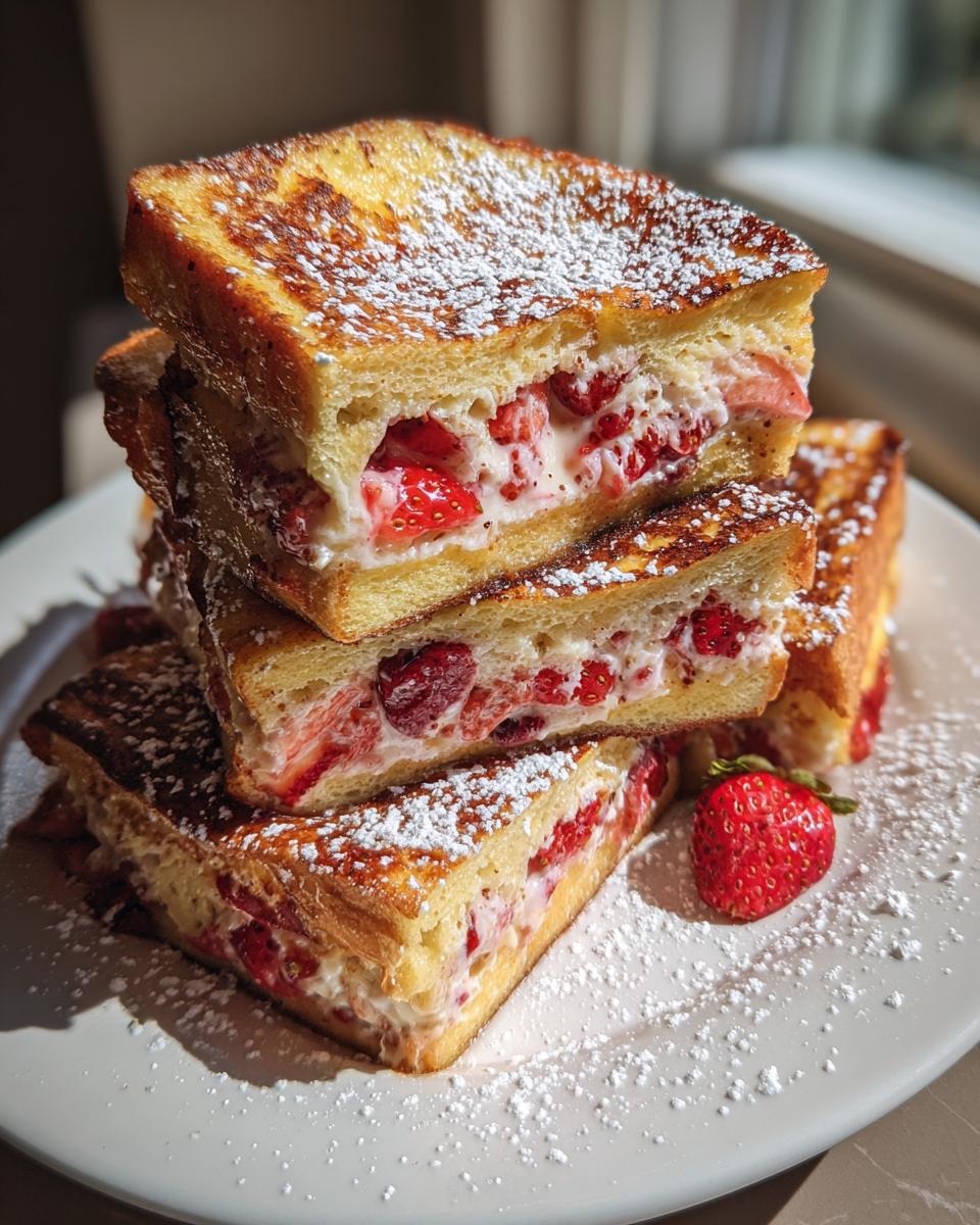 Stack of three slices of strawberry cream cheese french toast bake, dusted with powdered sugar.