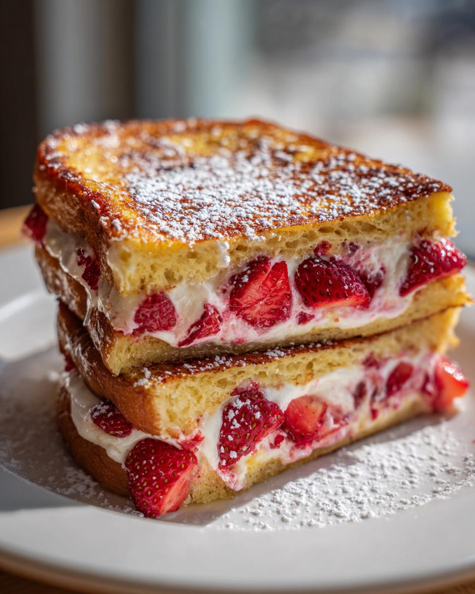 Two stacked slices of strawberry cream cheese french toast bake, filled with cream and fresh strawberries, dusted with powdered sugar.