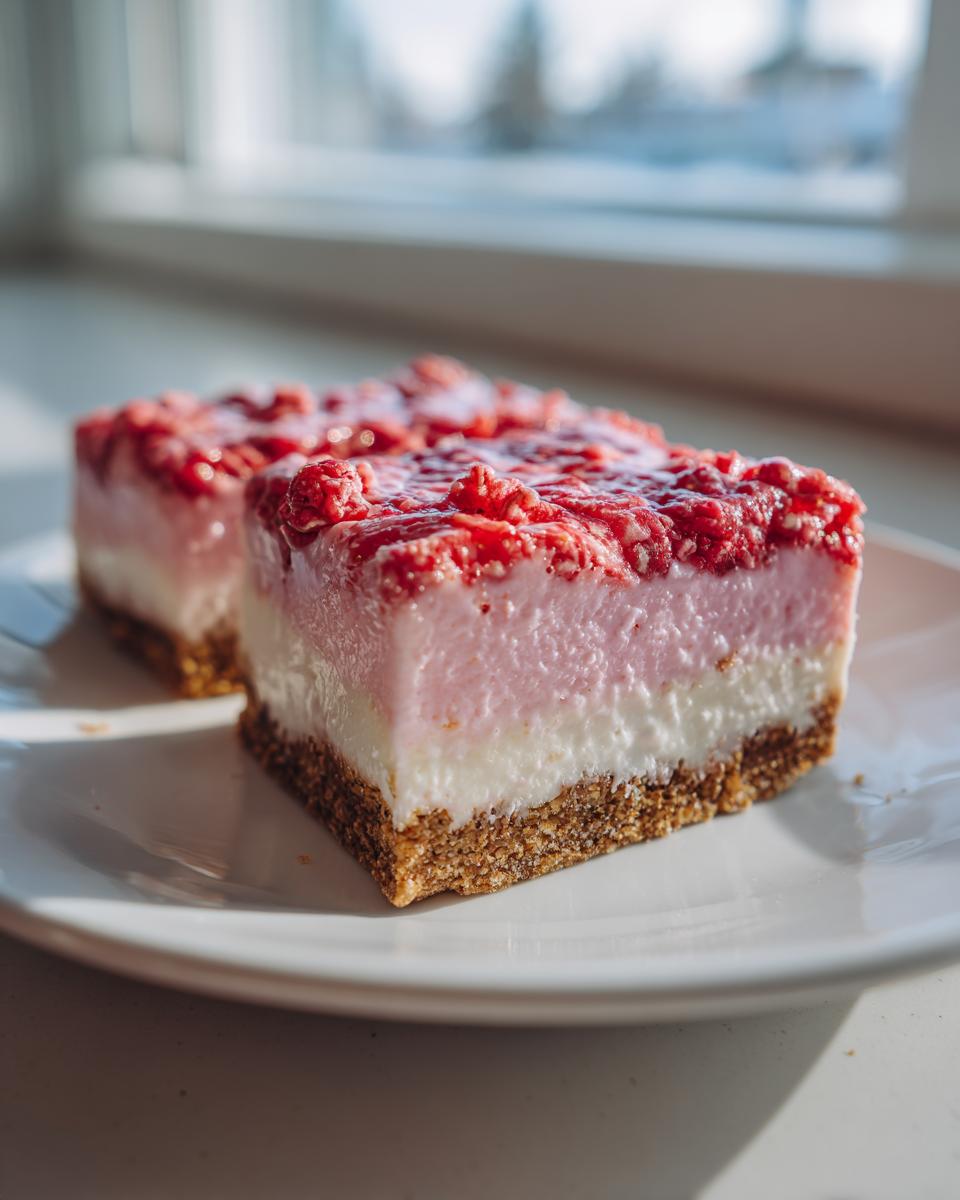 Two slices of strawberry crunch cheesecake bars with a graham cracker crust and bright red topping, sitting on a white plate.