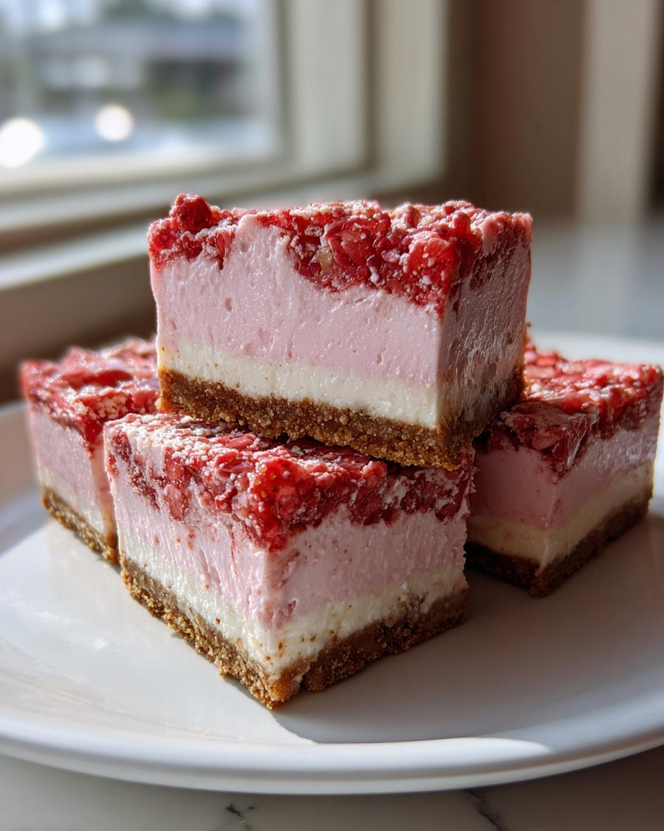 Four stacked and arranged slices of strawberry crunch cheesecake bars showing graham cracker crust and pink filling.