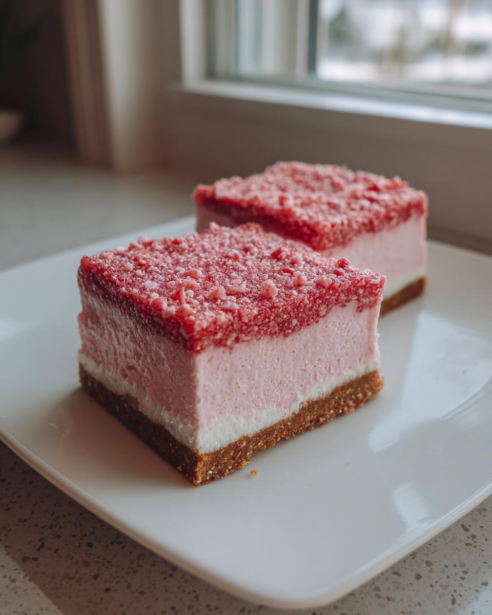Two square slices of strawberry crunch cheesecake with a graham cracker crust and pink topping.