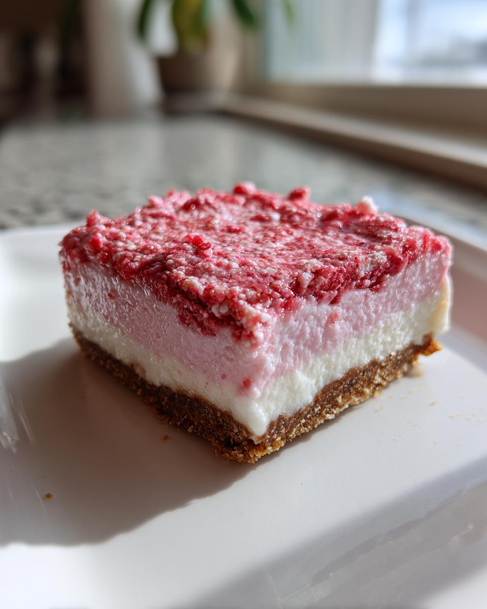 A square slice of strawberry crunch cheesecake with a graham cracker crust and pink and white filling.