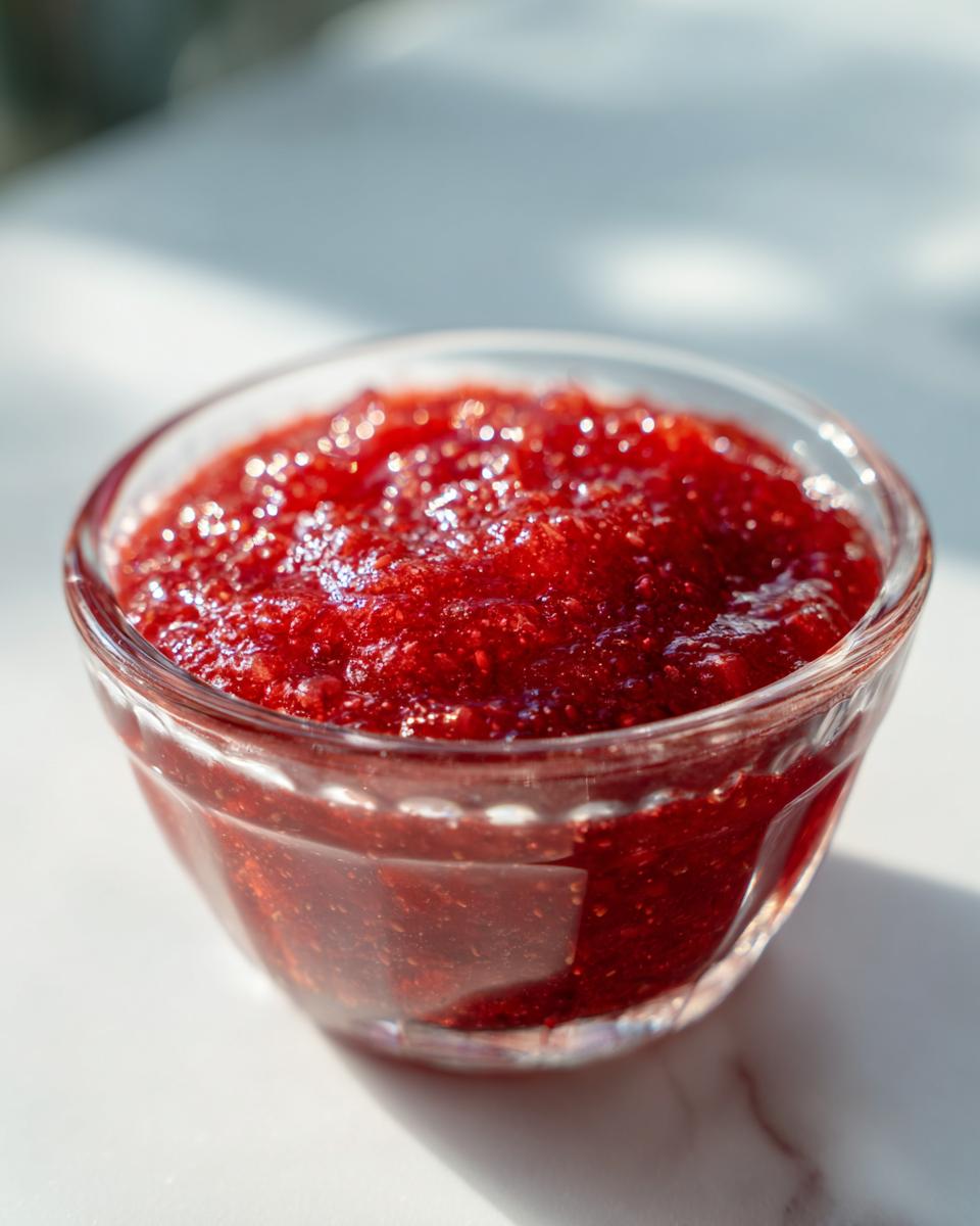 A close-up shot of vibrant, thick strawberry freezer jam served in a small, clear glass bowl.