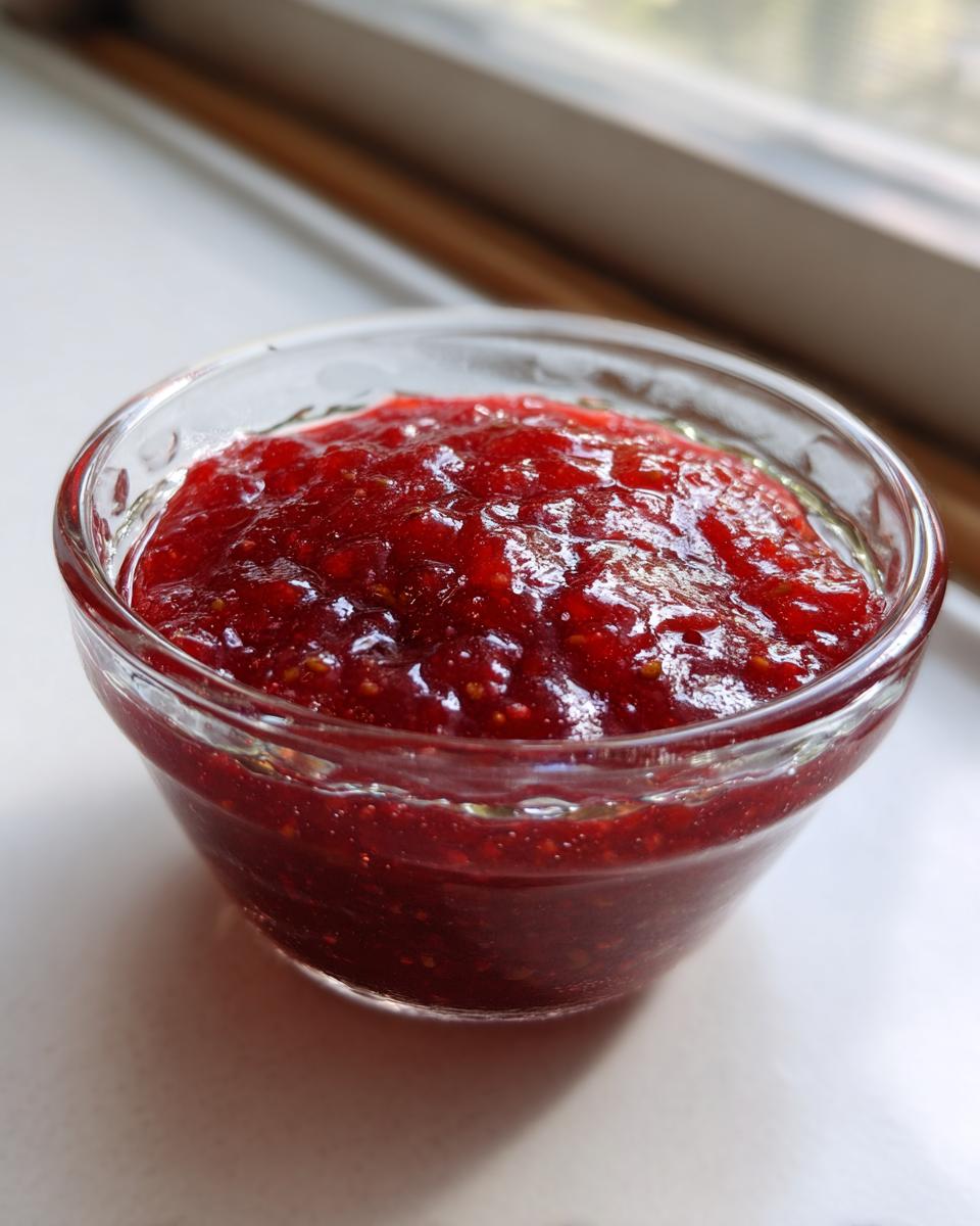 Close-up of vibrant, chunky strawberry freezer jam filling a small, clear glass bowl.