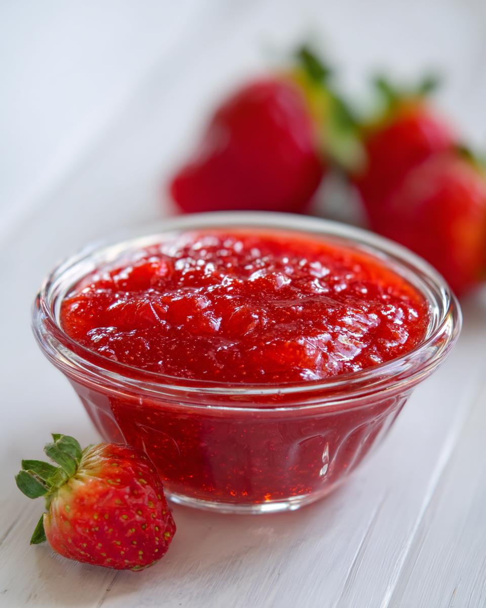 A small glass bowl filled with bright red strawberry freezer jam, with fresh strawberries nearby on a white wooden surface.