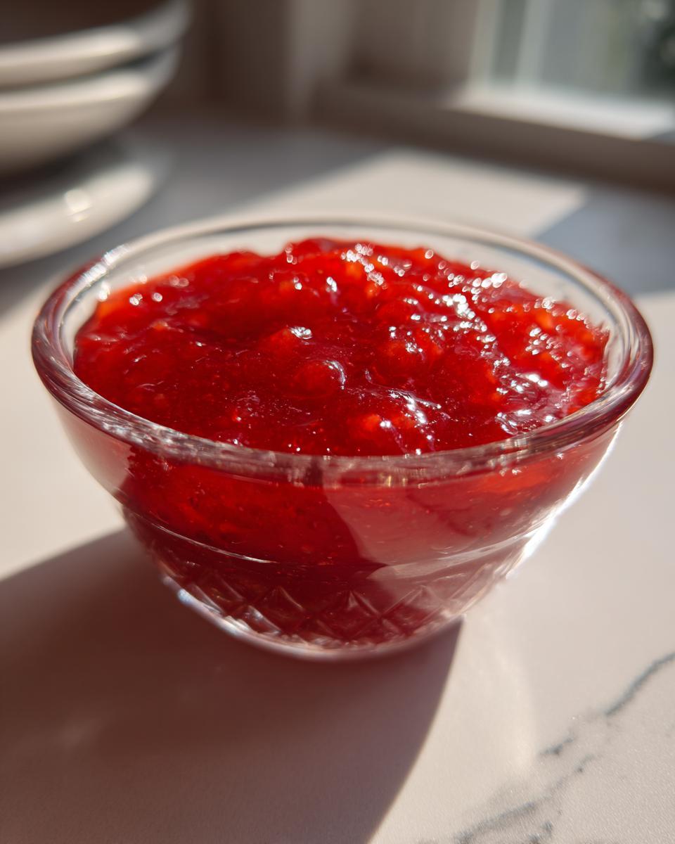 Close-up of bright red strawberry freezer jam served in a small, decorative glass bowl.