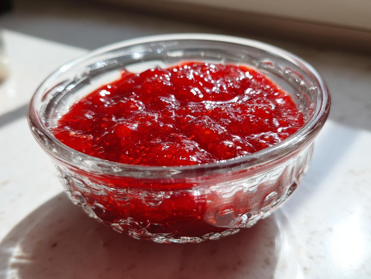 Close-up of vibrant red strawberry freezer jam filling a small, textured glass bowl in bright sunlight.