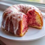 A bundt-style strawberry honeybun cake drizzled with white glaze, sitting on a white plate with one slice cut out.