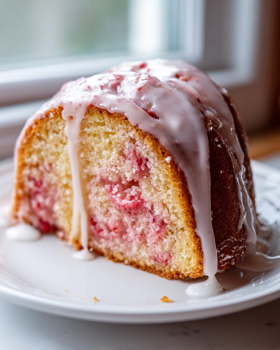 A close-up of a moist slice of strawberry honeybun cake topped with thick white glaze dripping down the sides.